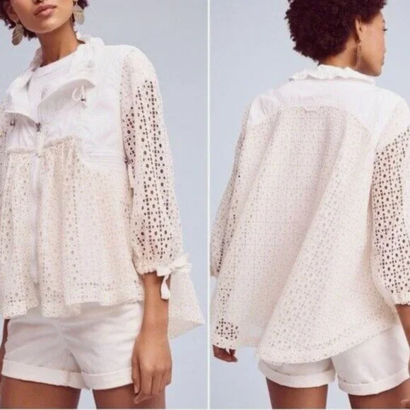🌼 Anthropologie HEI HEI Eyelet Swing Windbreaker Jacket Zip Front Pockets SZ L